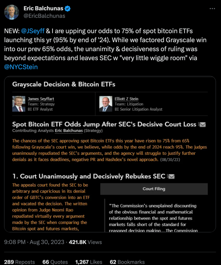 Pendapat Analis ETF dari Bloomberg Eric Bachunas terkait ETF Bitcoin melalui platform X pada Rabu 30 Agustus 2023.